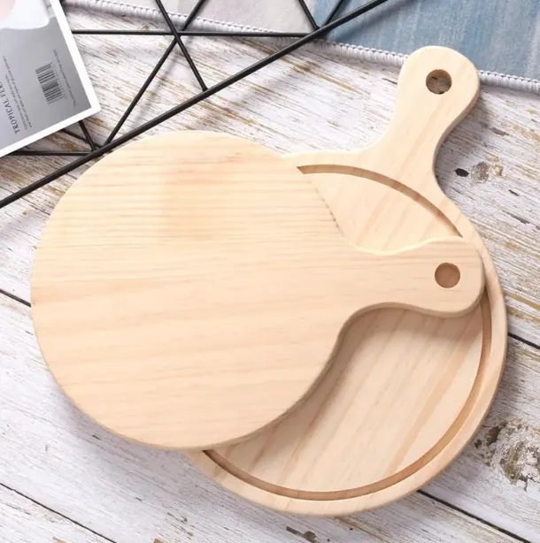 Wooden Round Pizza Board with Hand 6inch-14inch Pizza Baking Cutting Tray Cafe Baking Store Dessert Accessory 247Q
