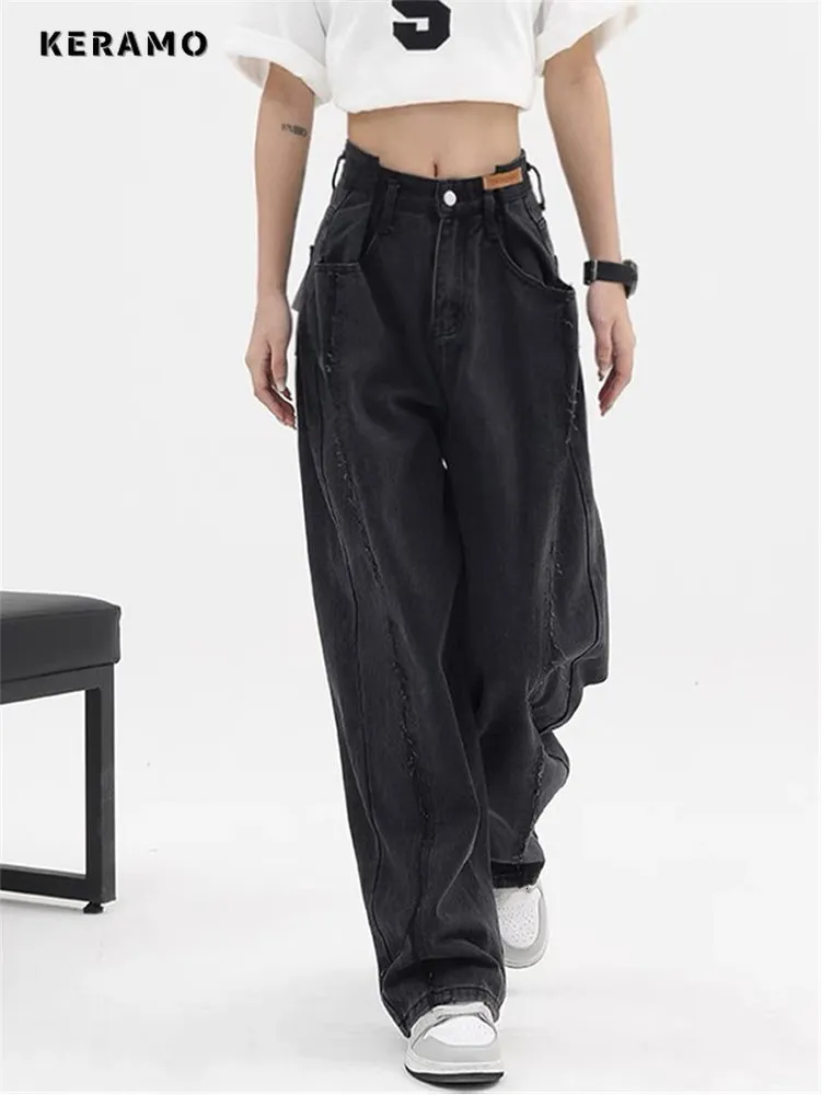 Women's Jeans Women Baggy Long Jeans Harajuku Black Wide Leg Trousers Streetwear Vintage High Waist Denim Pants Big Pocket Y2k Feamle 230826