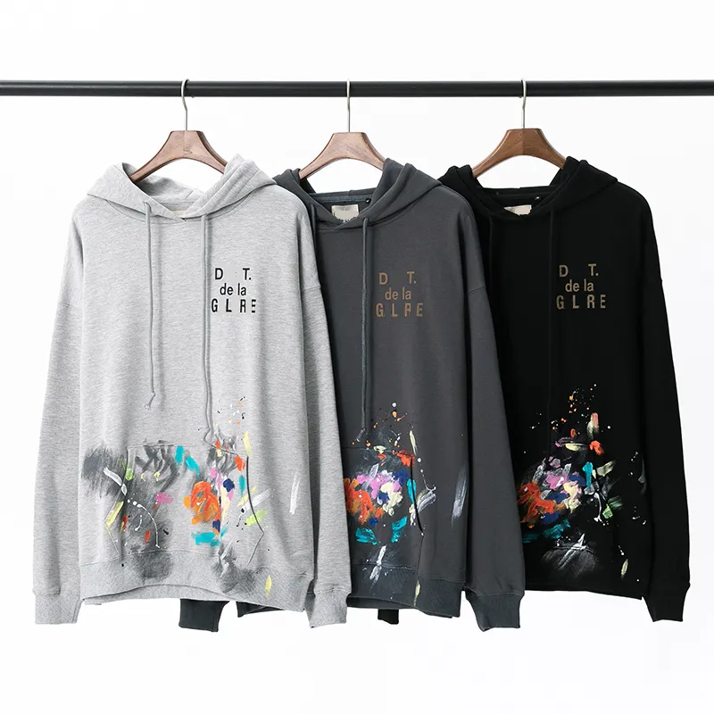 Designer men's new splash ink do GLL hand-painted graffiti old letter printing pure cotton circle hoodie black dark grey light grey