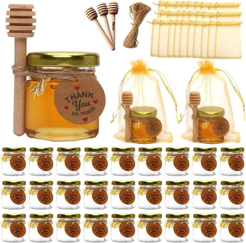 Bouteilles de stockage 30/60 pièces 1,5 Oz Mini pot de miel en verre pots hexagonaux breloques d'abeille sacs cadeaux en or corde bébé douche faveurs de fête de mariage