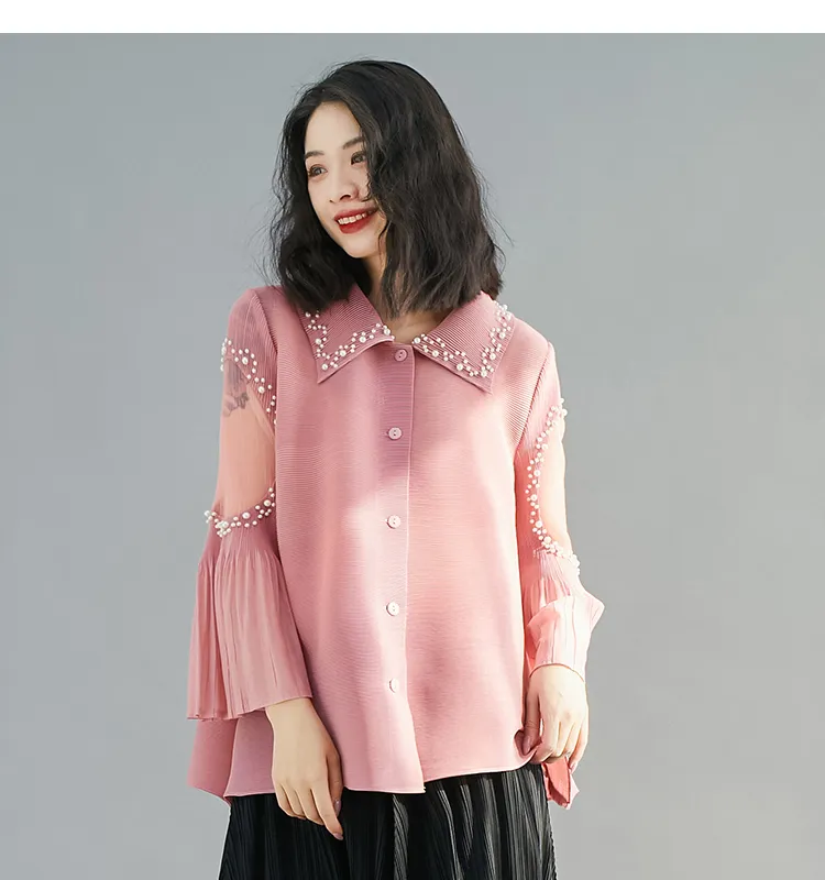 Sexy Summer Fashion Oversized Solid Color Pearls Beading Long Flare Sleeve Pleated Blouse Tops Women Loose High Stretchy Shirts 20228d