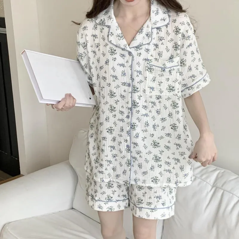 Mulheres sleepwear dupla camada gaze algodão 2 peça mulheres casa terno verão pijama conjunto respirável floral impressão shorts estilo coreano s231