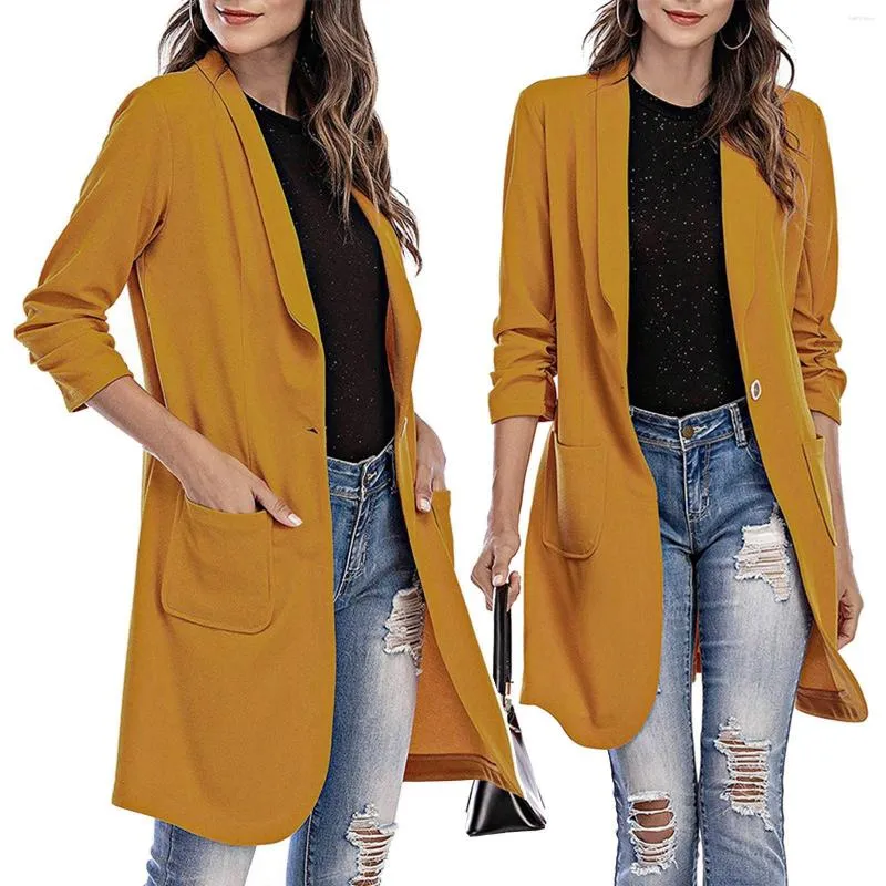 Women s Suits Pocket Slim Long Cardigan Blazers Jacket Overcoat Womens Lapel Office Work Wear Business Formal Suit Lady Elegant