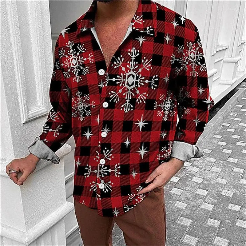 Men's Dress Shirts Fashion 2023 Christmas Shirt Snowflake Plaid 3D Printing Holiday Party Long Sleeve Oversized XS-6XL