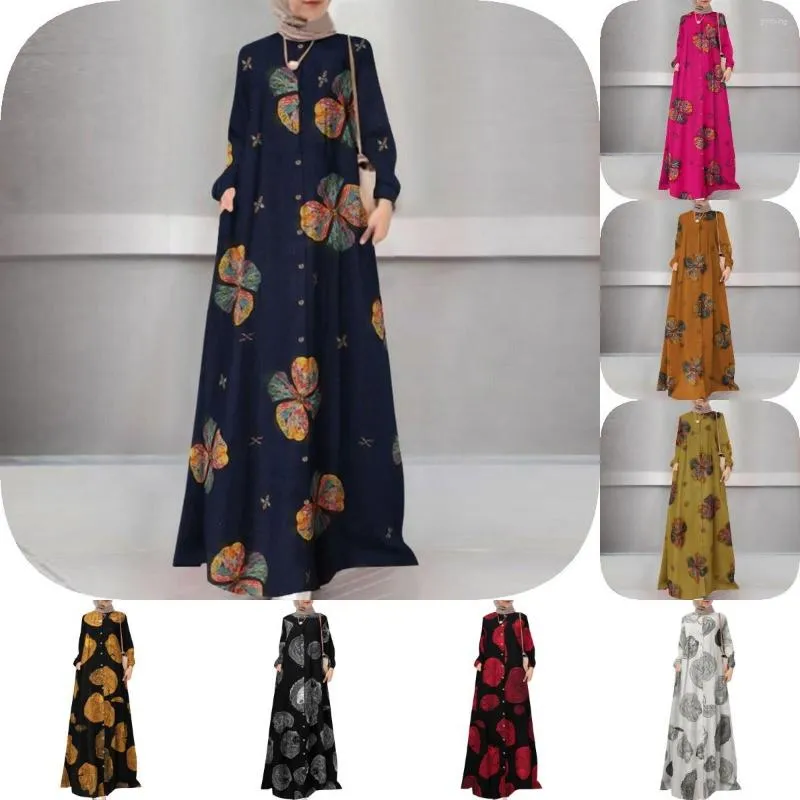 Ethnic Clothing Cotton Linen Printed Muslim Robe Jilbab Abaya Ramadan Fashion Long Sleeve Dress Round Neck Women's Abayas