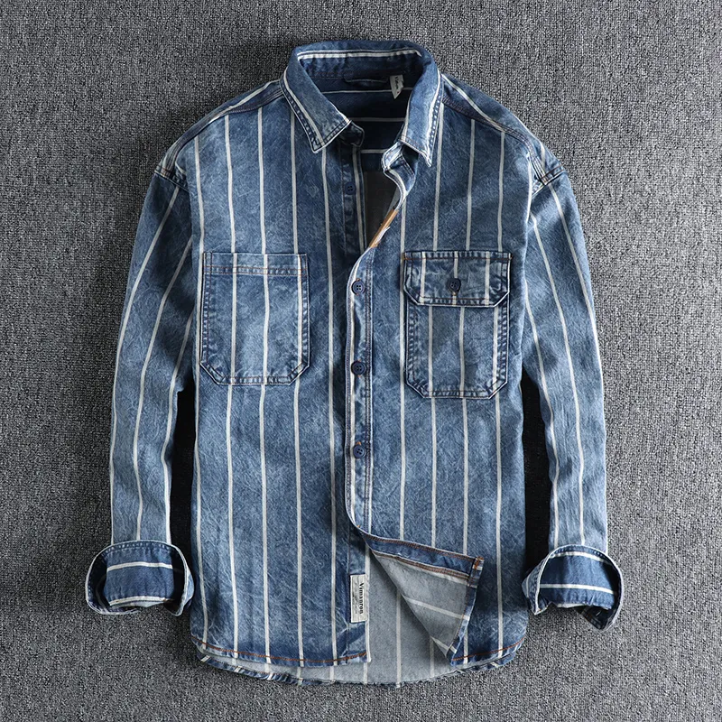 Men's Dress Shirts Autumn custom woven striped washed used denim shirt men's work style American retro trend youth shirt 230826