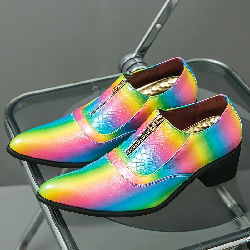 Новые мужчины Британская мода Dazzle Color Zip Height увеличивает обувь мужское платье свадьба Homecoming Обувь Zapatos Hombre