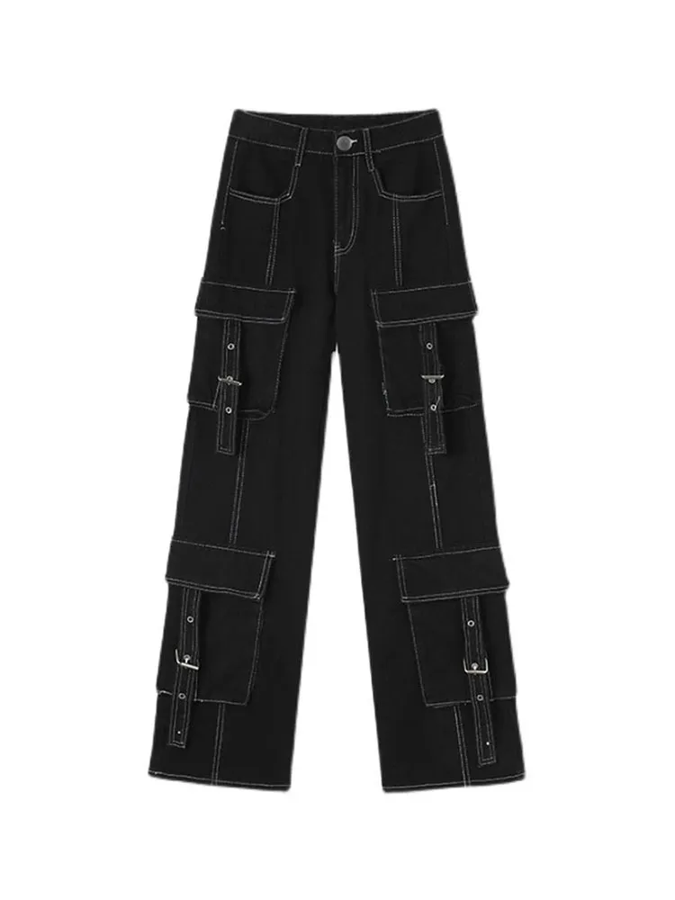 Damen Jeans Baggy Jeans Frauen Cargohose Vintage High Waist Streetwear Denim Hose Schwarz Gothic Kleidung Taschen Gerade Hose mit weitem Bein 230826