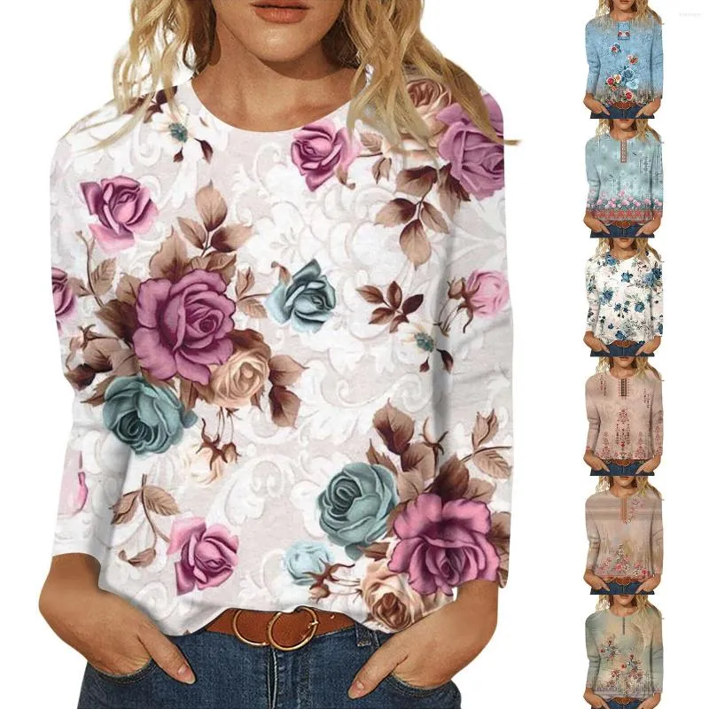 Women's Hoodies Crew Neck Sweatshirt Vintage Top Long Sleeve Floral Print Womens Tops