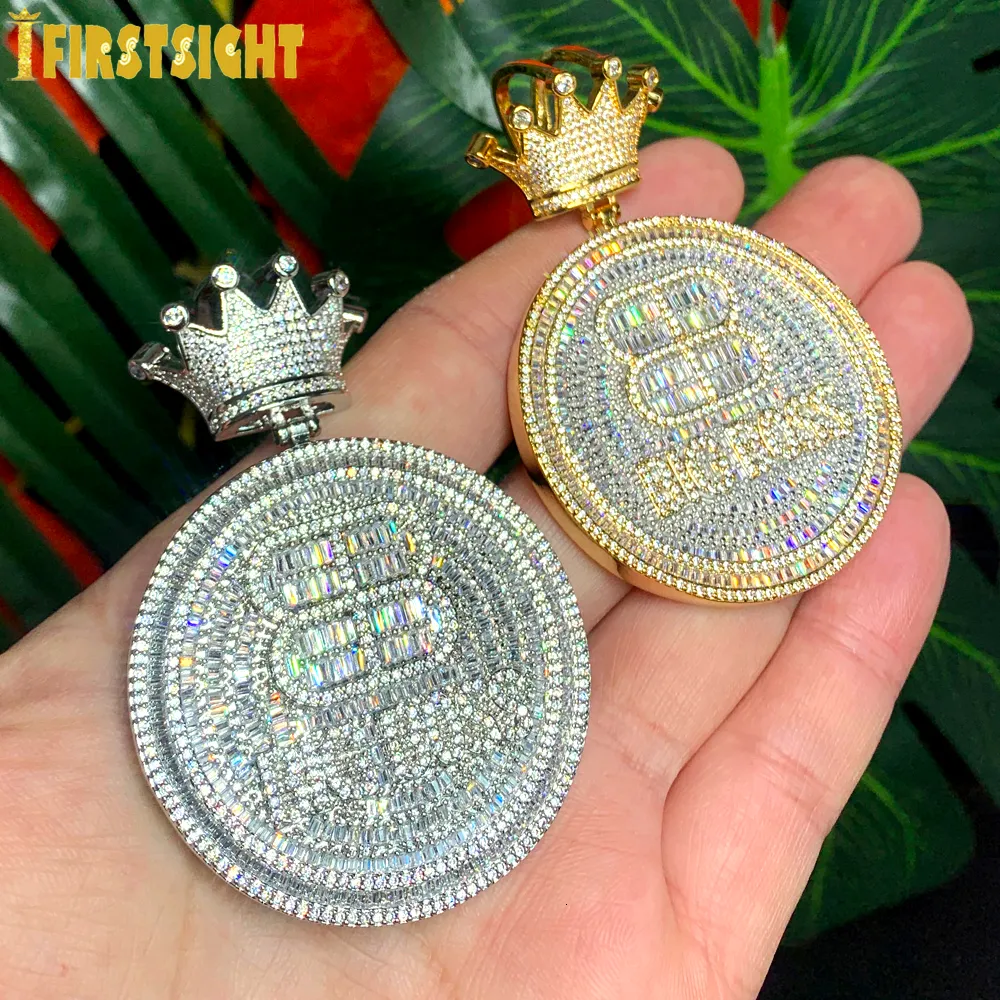 Pendant Necklaces Iced Out Bling CZ Crown Round Letter Big B Pendant Necklace Cubic Zirconia Bitcoin Charm Men Women Fashion Hip Hop Jewelry 230826