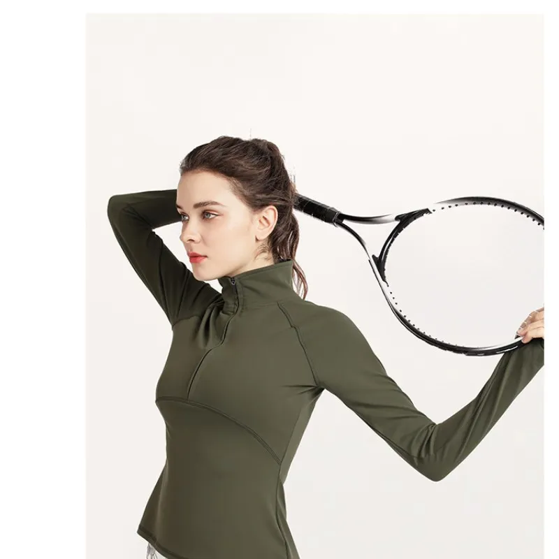 Women's sports jacket yoga stretch jogging jacket long sleeved sportswear half zipper thin outdoor standing collar