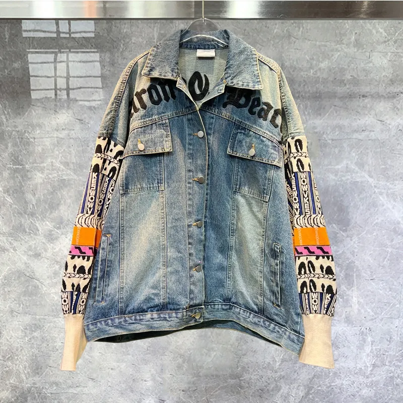 Ângulos de palma marca de alta qualidade na moda carta bordado costura cor contraste casaco feminino jaqueta jeans estilo moda hip hop jeans rasgados jaquetas bomber 8947