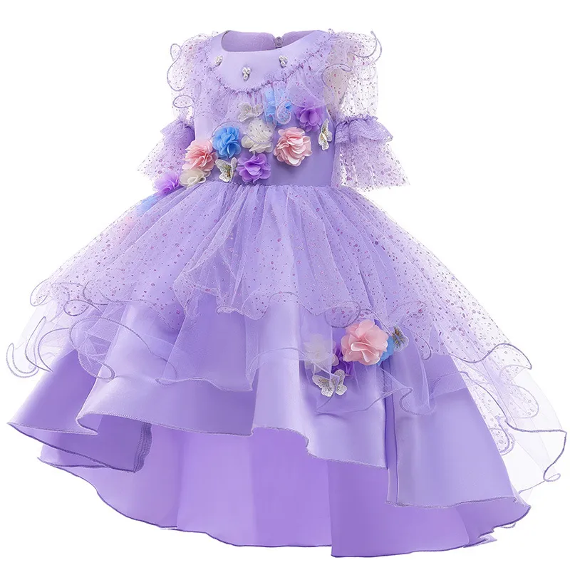 Purple Girls Pageant Dresses For Weddings Long Sleeve Beads Flower Girl Kids Tulle Appliques Kid Holy High Low Birthday Communion Dress Baptism Gowns 403