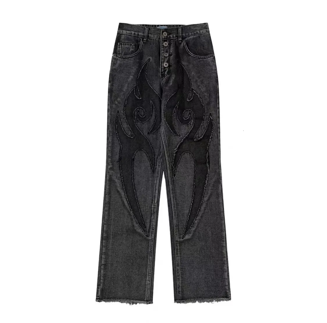 Retro Flame Patch Jeans: Mens Straight Leg Denim Trousers