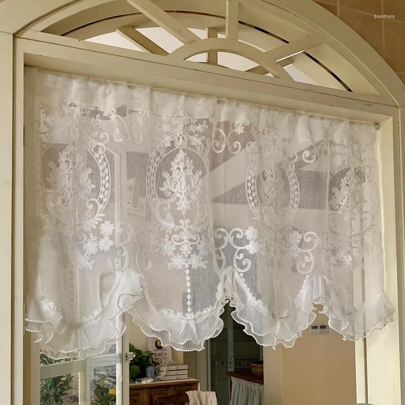 Curtain French Double Pearls Lace Bottom Short Sheer American High-Grade Embroidered Half Yarn Drapes For Window Kitchen Door
