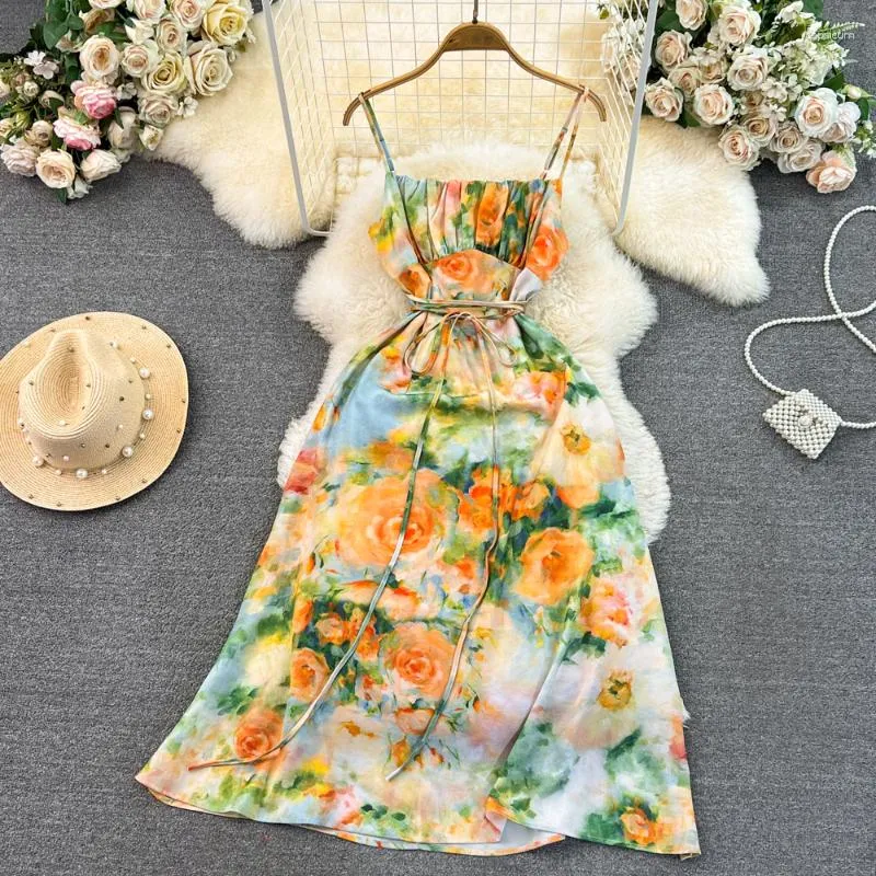 Vestidos casuais estilo francês elegante vestido feminino espaguete cinta slash pescoço floral impressão a linha tornozelo-comprimento praia feriado deslizamento