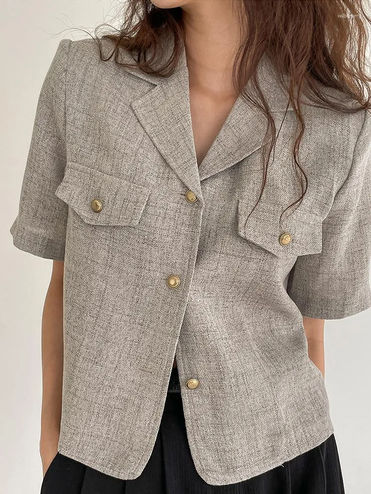 بدلات نسائية Qoerlin Design Summer Blazers Flazers Women Elegant Short Sleeve Jacket Ladies Coat Chic Truched Single Breaded