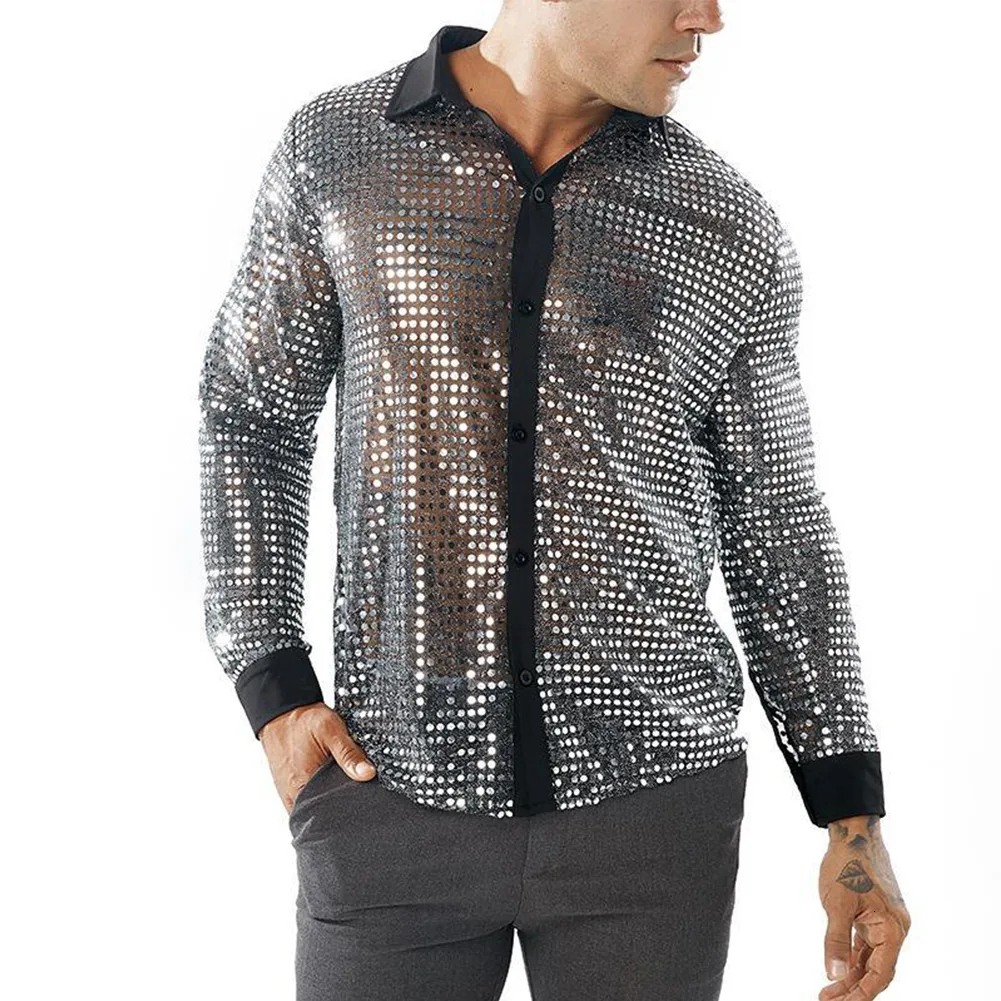 Chemises habillées pour hommes 2023 Mode Hommes Sparkly Paillettes Party Dance Rétro 70s Disco Discothèque Chemise Tops Single Breasted Performance Vêtements 230826