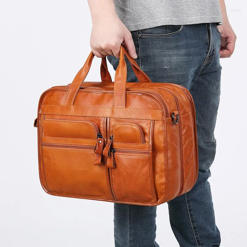 Kolejki Vintage Black Brown A4 Oryginalna skóra 14 '' 15.6 '' Laptop Executive Office Women Men Men Teksage Bag Messenger Bag