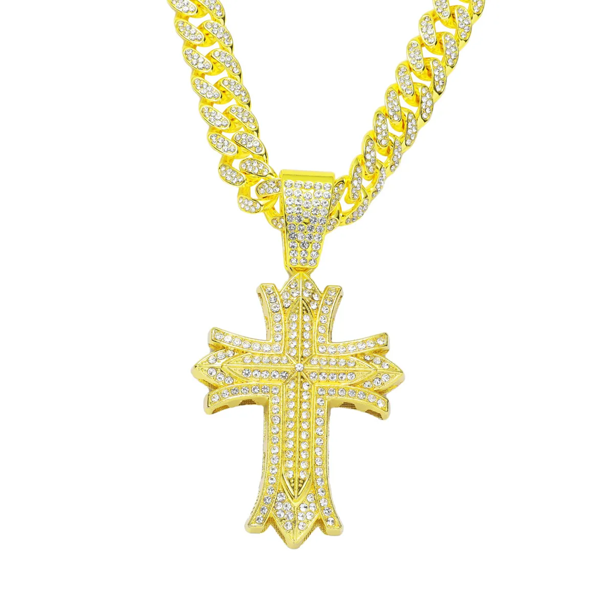 Hip Hop Men Rapper Diamond Pendant Gold Necklace Shiny Crucifix Pendant Square Zircon Jewelry Night Club Accessory TREEATER COLTBONE CUBAN CHEDIE 50CM 1811