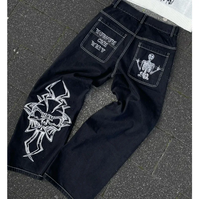 Mäns jeans y2k Men's Black Retro Skull Demon Demon Washed Mens Jeans High Street Sale Baggy Jeans Women Hip Hop Stretch Midje Black Pants 230827