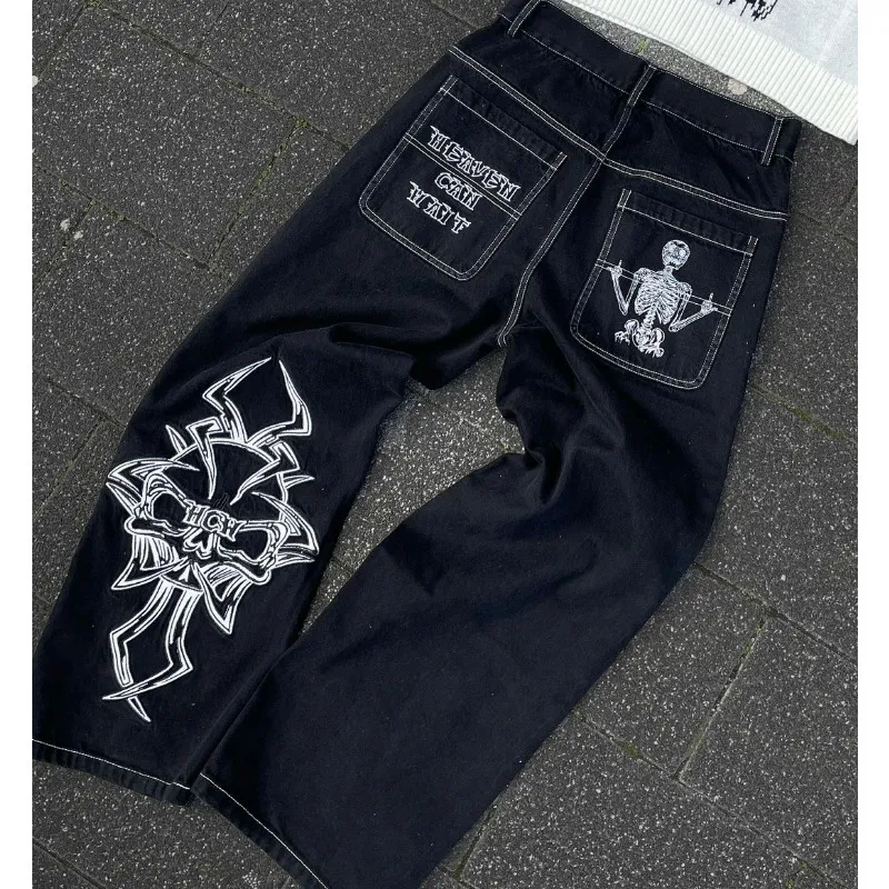 Męskie dżinsy Y2K Męskie Czarne retro czaszka demon Demon myte Męskie dżinsy High Street Sale Worbgy Dżinsy Kobiety Hip Hop Stretch Taist Black Pants 230827