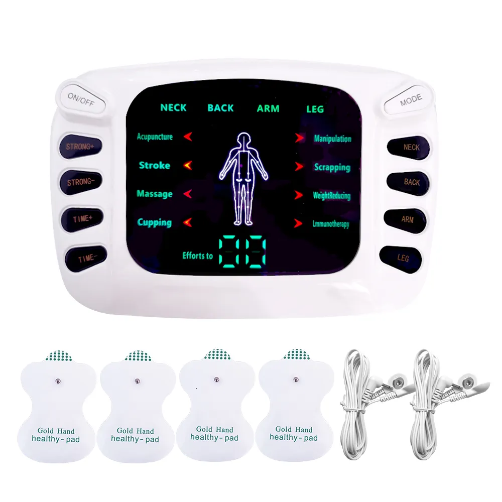 Masajeador de espalda Tens eléctrico Estimulador muscular Terapia digital Masaje de cuerpo completo Relajación 4 almohadillas Pulso Ems Acupuntura Máquina de cuidado de la salud 230826