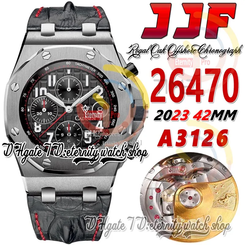 JJF 2647 Vampire A3126 Chronograph Automatic Mens Watch 42mm Steel Case Black Textured Dial Number Markers Leather Strap Red Line Super Edition eternity Wristwatch