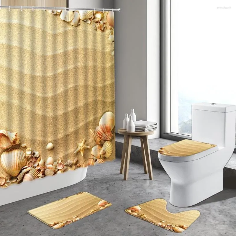 Rideaux de douche Jour d'été Vacances Rideau de plage marron Ensemble de tapis de bain Coquille Étoile de mer Désert Salle de bain Déco Tapis antidérapant Couverture de toilette Tapis