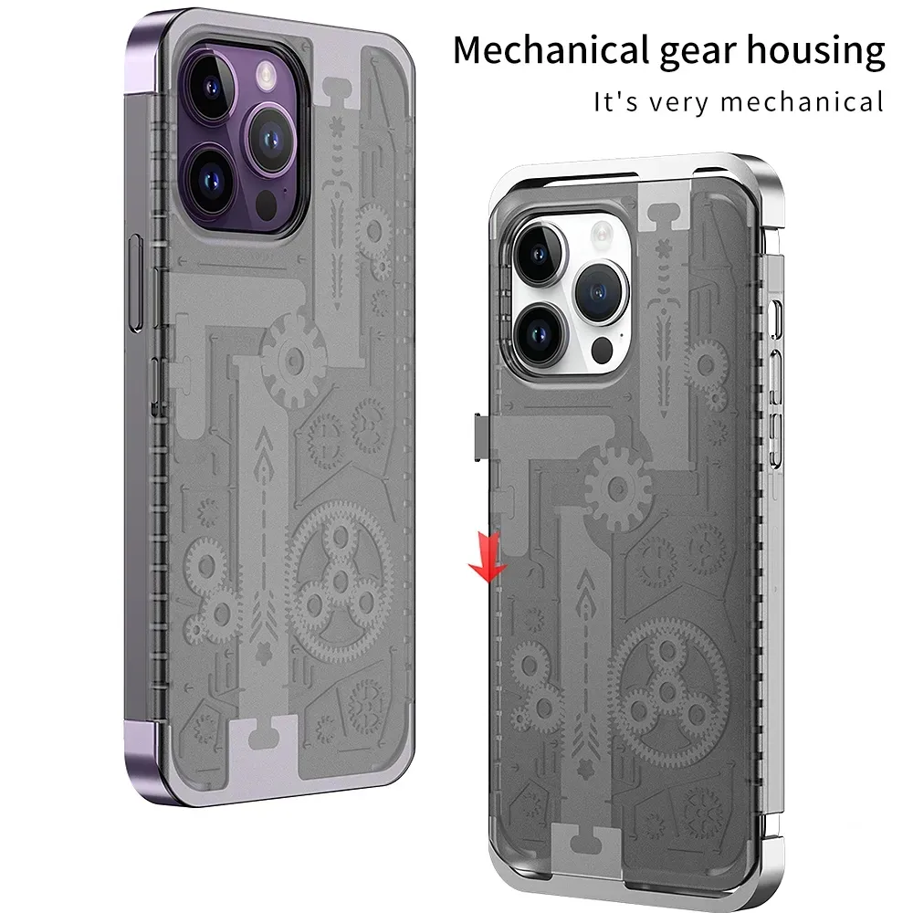 Luxus Matte Metall Kamera Schutz Telefon Fall Harte Mechanische Getriebe Transparente Rückseite Abdeckung Für iPhone 14 13 12 Pro Max 13Pro