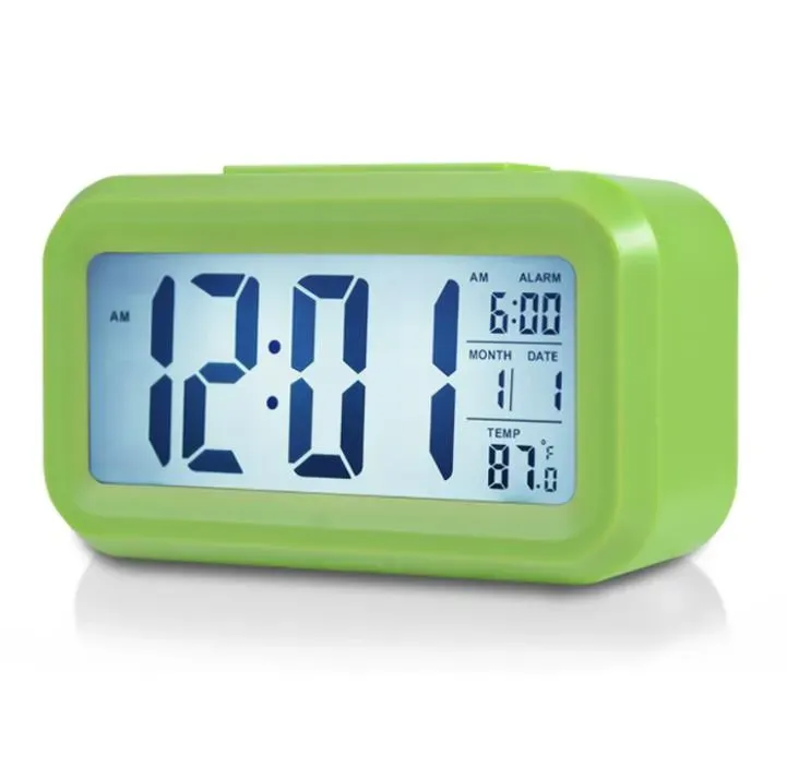Plastic Mute Alarm Clock LCD Smart Temperature Cute Photosensitive Bedside Digital Alarms Clocks Snooze Nightlight Calendar SN3318