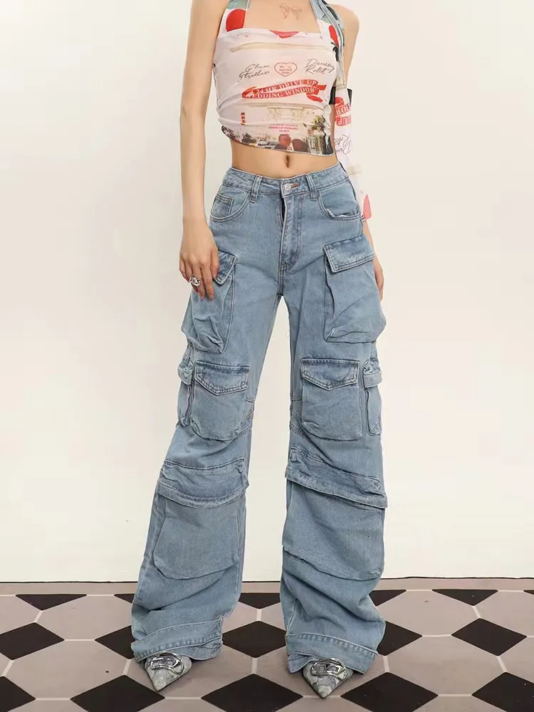 Damen Jeans Grunge Punk High Street Style Übergroße Cargo Jean Frühling Herbst Y2K Koreanische Mode Taschen Lose Denim Boyfriend Hosen 230826