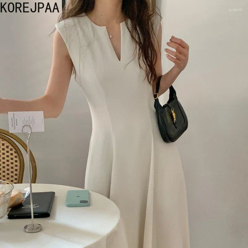 Casual Dresses Korejpaa Simple Solid Women Dress Elegant Sleeveless V Neck White Korean Fashion High midja Midi Vestidos Summer