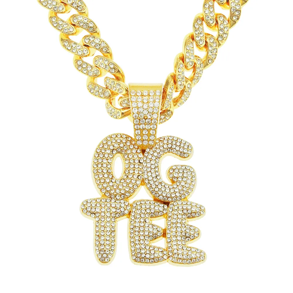 Hip Hop Men Rapper diamant pendentif collier brillant OG TEE lettres pendentif carré zircon bijoux boîte de nuit accessoire pull clavicule chaîne cubaine 50 cm 1810