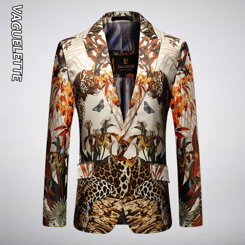 Erkek Suit Blazers Vaguelette Leopar Desen Baskılı Şık Blazer Erkekler Moda Şarkıcılar İçin Slim Fit Stage Giyim Şarkıcılar Partisi Ceket Ceket 230826