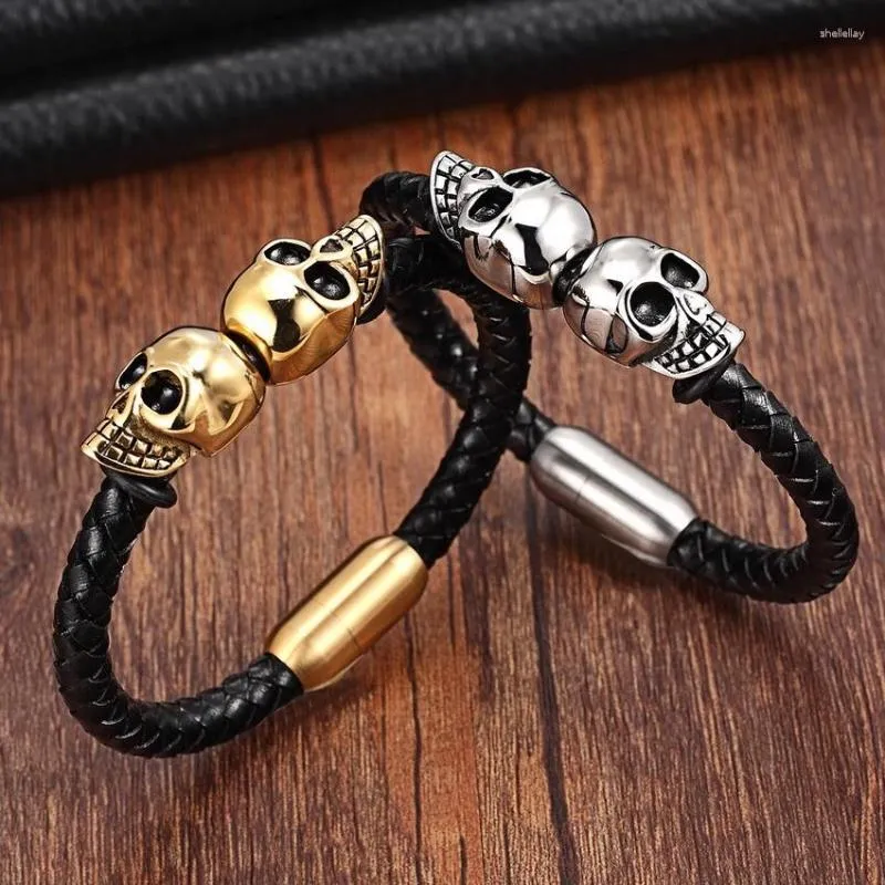 Charme pulseiras de couro genuíno punk crânio homem pulseiras moda pulseira para jóias com proteção de cor atacado