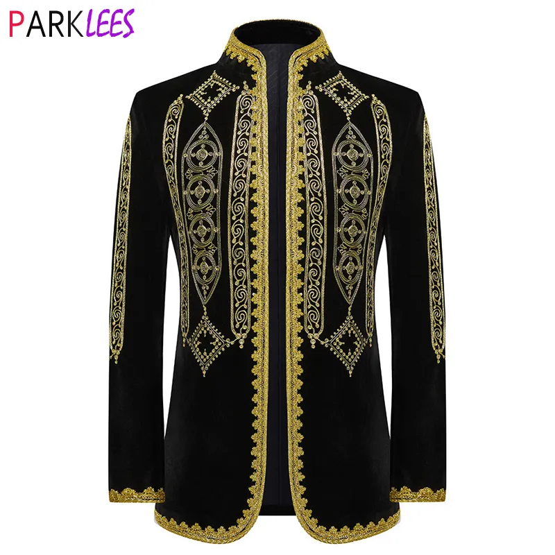 Costumes pour hommes Blazers Luxe Baroque broderie florale velours costume veste hommes col montant coupe ajustée Cardigan Blazer veste pour fête mariage dîner 230826