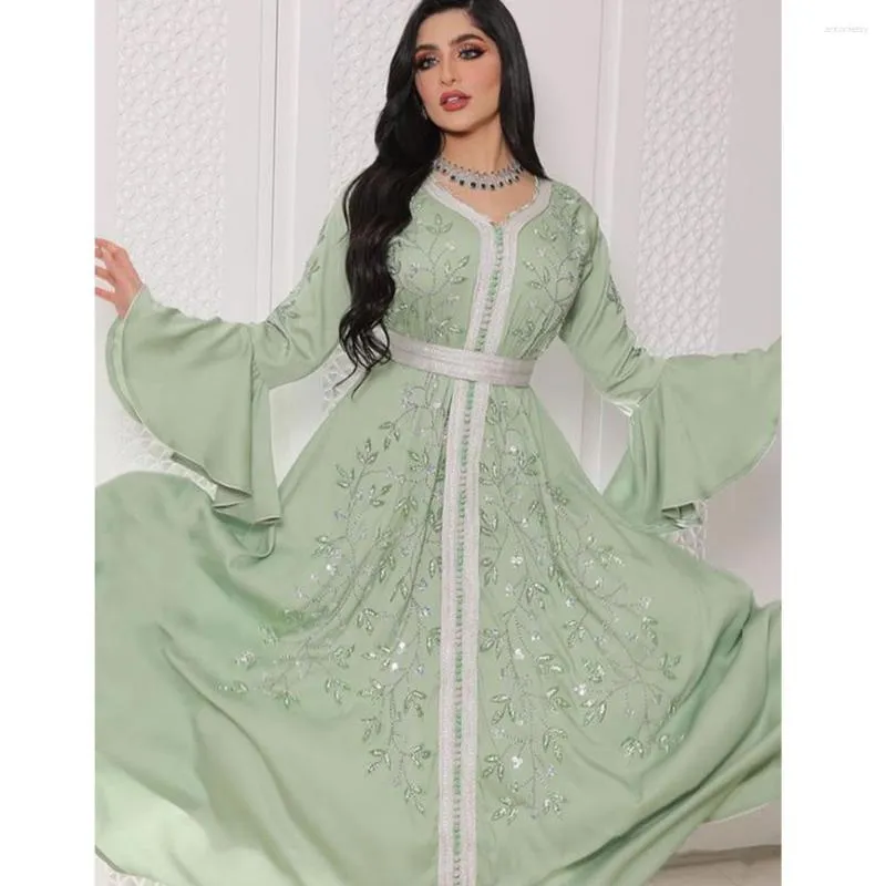 Etniska kläder wepbel fixa strass kaftan mantel klänning islamisk maxi parti abaya muslimsk klänning långärmad hög midja ramadan caftan