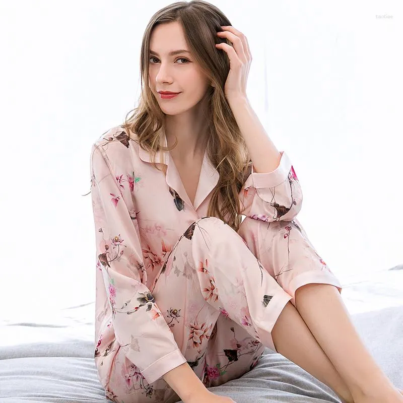 Pyjama en soie véritable pour femmes, ensemble de vêtements de nuit, imprimé Rose, manches longues, boutons, vêtements de nuit naturels purs