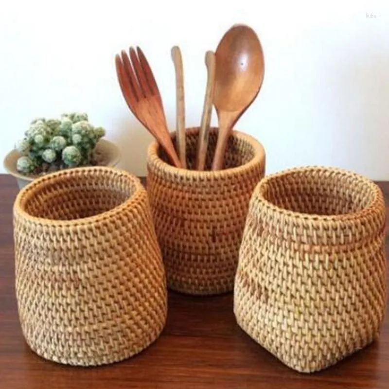 Handmade Rattan Storage Bottles Kitchen Cutlery Organizer Chopsticks Spoon Knife Fork Basket