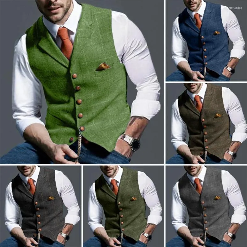 Men s Vests Plaid Print Men Coat Fall Vest Stylish Single breasted Business Waistcoat Slim fit V neck Lapel Design For Groomsmen