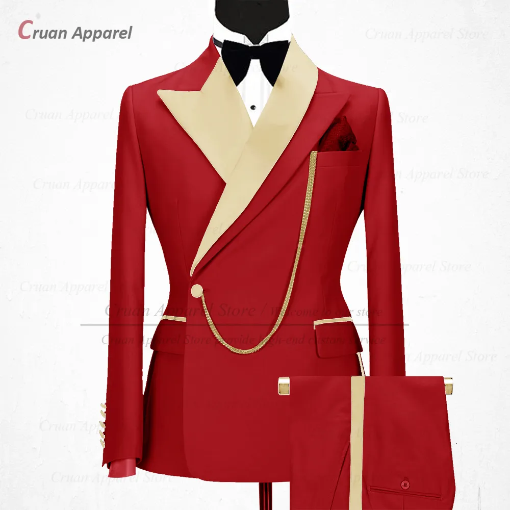 Мужские костюмы Blazers Fashion Red Men Suits Slim Fit Luxury Business Evening Wedding Tuxedos блестящие лацкальные брюки 2 штука 2 кусок куртки 230827