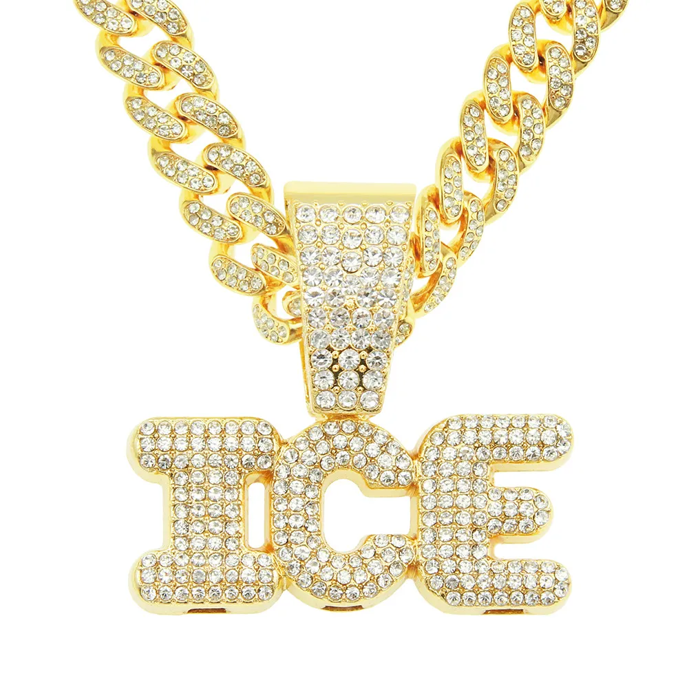 Hip Hop Rapper Männer glänzende Diamant-Anhänger-Goldhalskette Iced Out ICE-Buchstaben-Anhänger Mikroeinsatz Vollzirkon-Schmuck Nachtclub Punk 50 cm Miami Cuban-Kette 1787