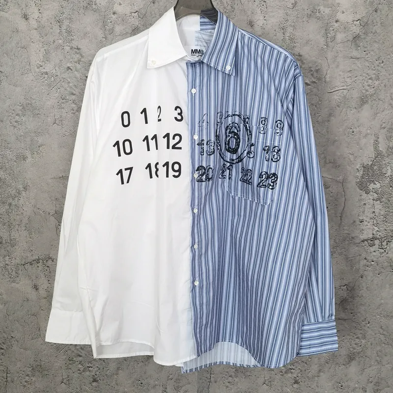 Erkekler Elbise Gömlek Yüksek Kaliteli MM6 Margiela Uzun Kollu Gömlek Klasik Takvim Baskı Kavur Vintage Stripe Dikiş Çift Üst Tee 230826