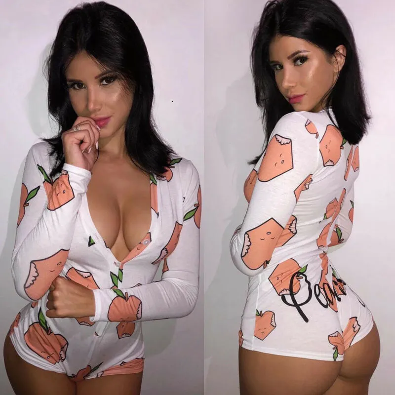 Women's Jumpsuits Rompers Sexy VNeck Long Sleeve Bodycon Casual Peachy Spicy Print Button Sleepwear Jumpsuit Shorts Romper Leotard Bodysuit 230826