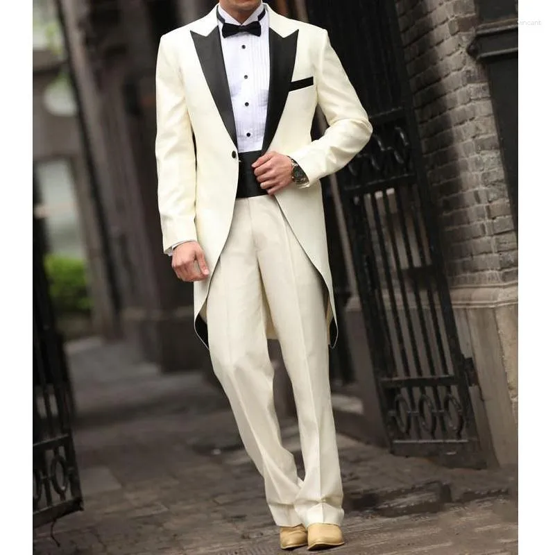 Men's Suits 2 Piece Men Tail Coat For Wedding With Beige Pants Custom Man Fashion Groom Tuxedo Black Peaked Lapel Costume Jacket