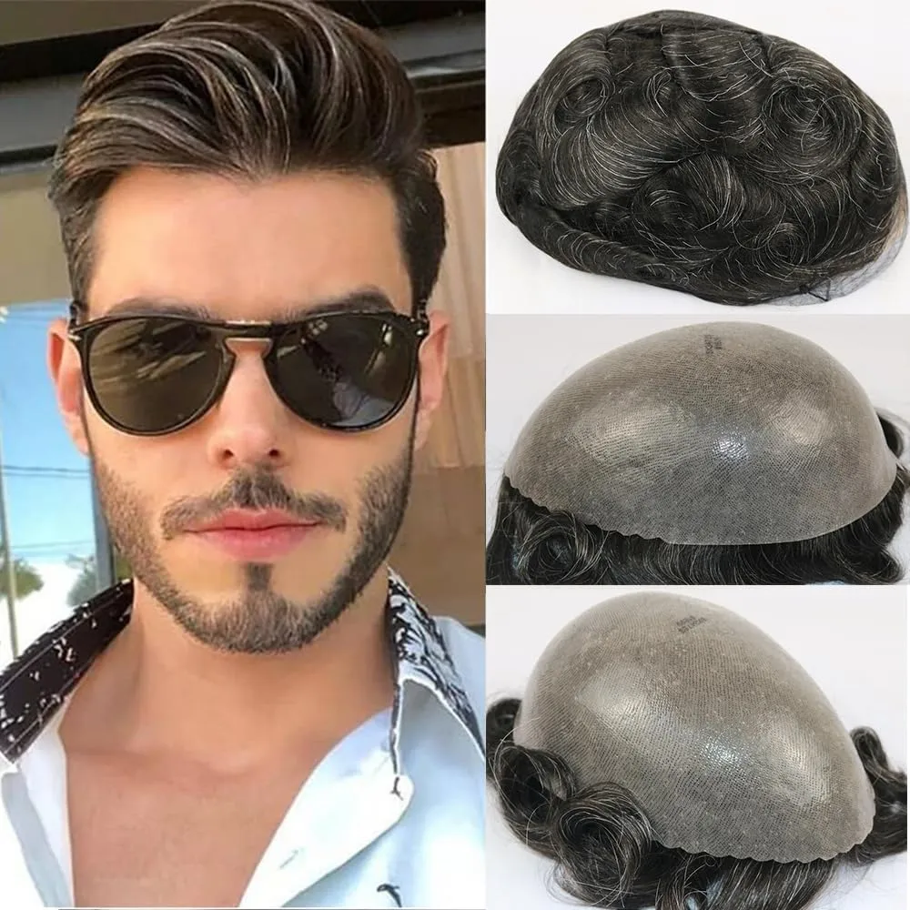 Super natural linha fina cabelo humano masculino peruca estilo livre 10x8 polegada pele fina sistemas de substituição cabelo masculino