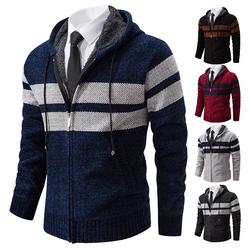 Maglioni da uomo Autunno Inverno Cardigan in cashmere Cappotto da uomo Maglione lavorato a maglia Giacche di lana Trend Casual Y2K Felpe con cappuccio a righe Zip Sweatercoat 230826