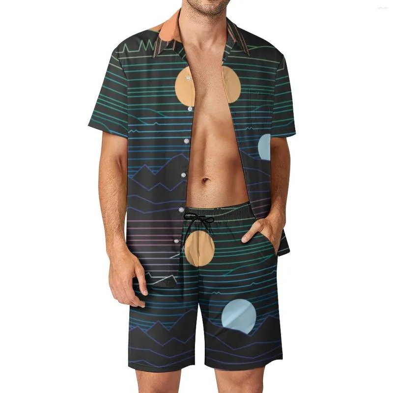 Survêtements pour hommes Cartoon Sun Line Hommes Ensembles de nombreuses terres Imprimer Streetwear Chemise décontractée Ensemble manches courtes Shorts Summer Vacation Suit Plus Taille