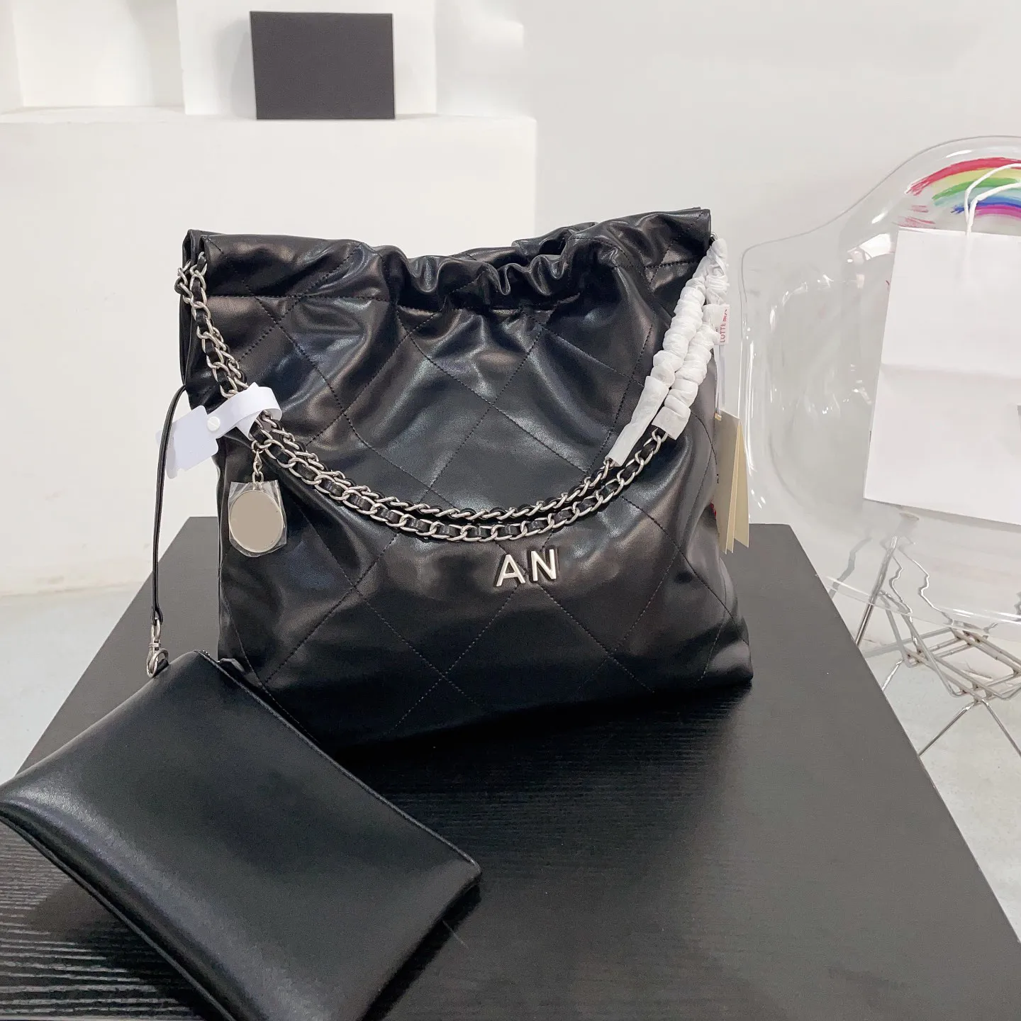 Axel 22 väska crossbody handväska svart tyg fårskinn dubbel bokstäver c fyrkantiga ränder kedjepåse purses designer kvinna handväska s handväskor